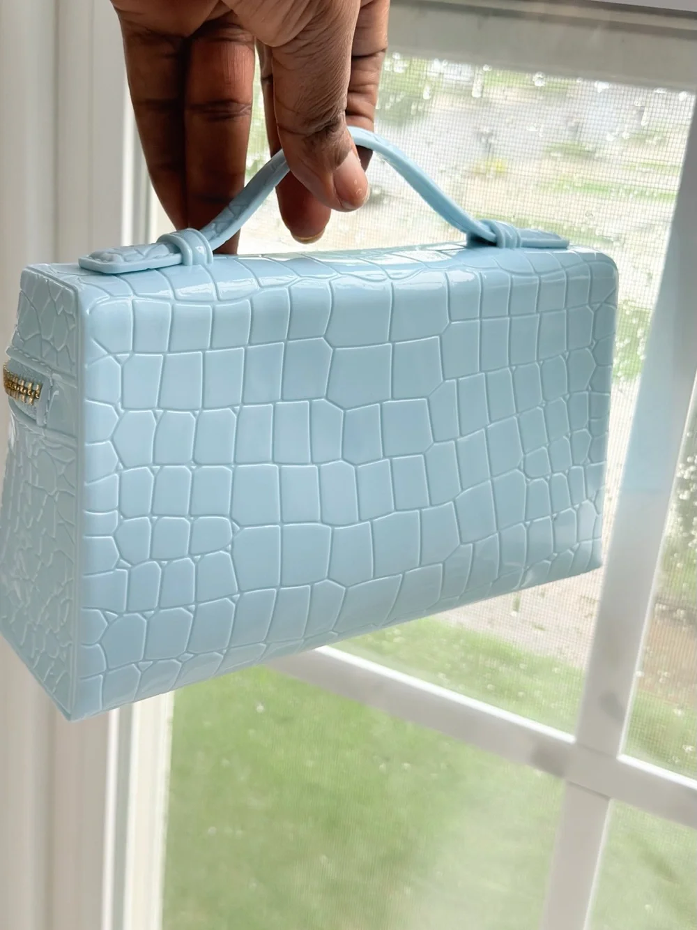 Light Blue Croc-Embossed Top-Handle Women’s Bag